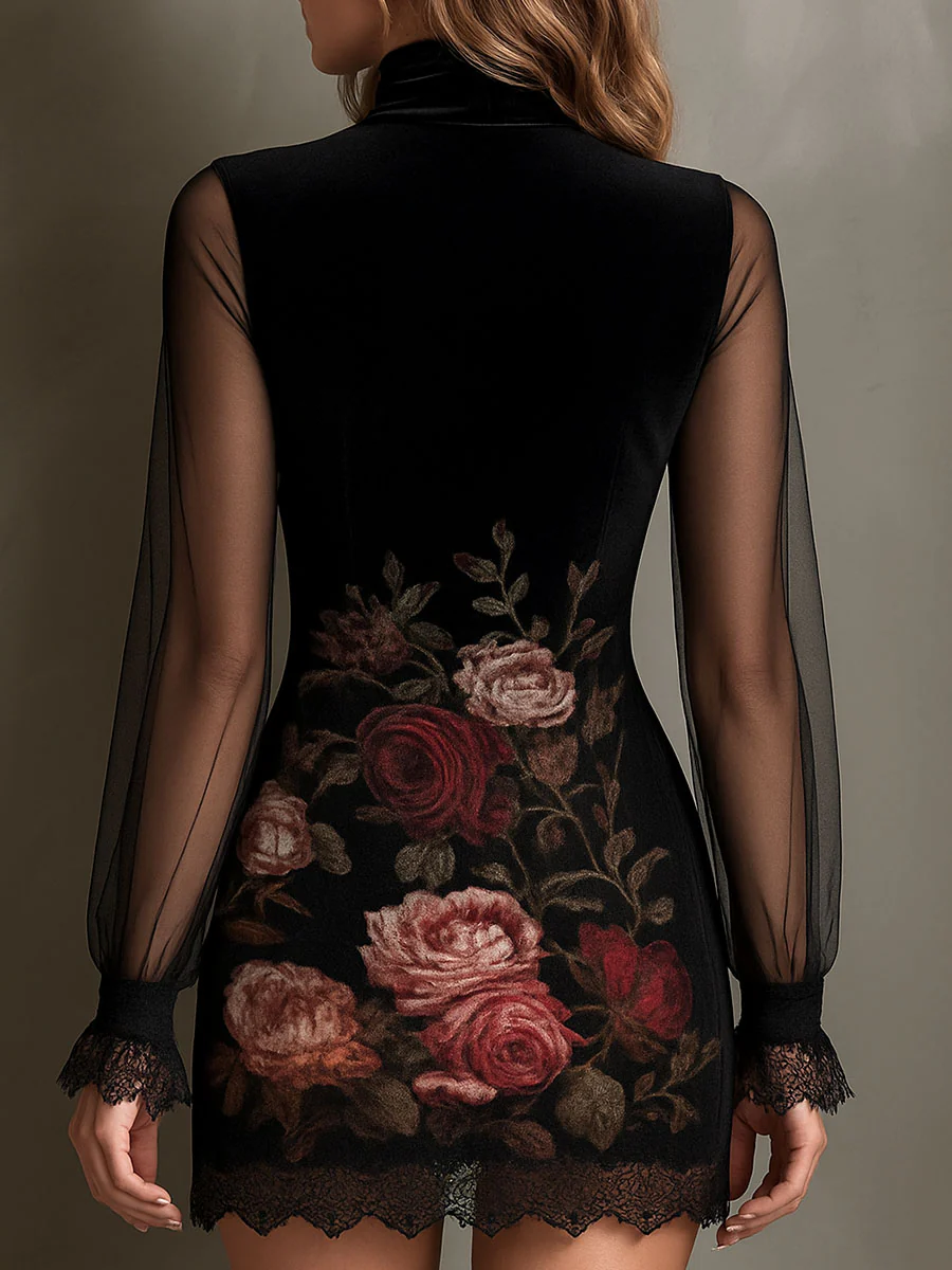 Eglantine | Mini Dress in Tulle, Rose Print and Lace