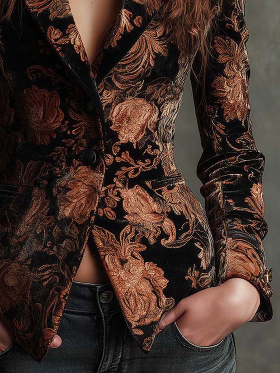 Women's Tailored Blazer with Black and Bronze Floral Print