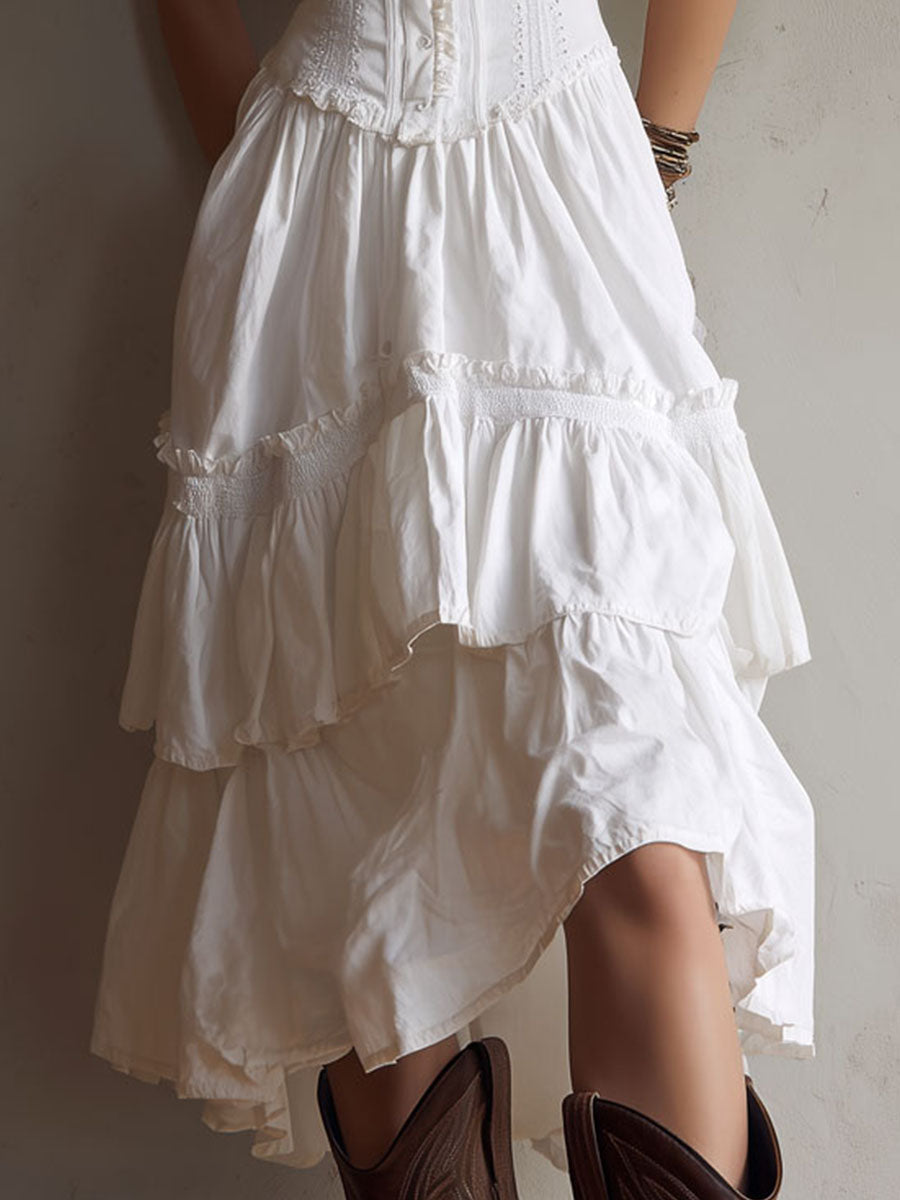 Maya | Lace-Trim Corset Tiered Midi Dress