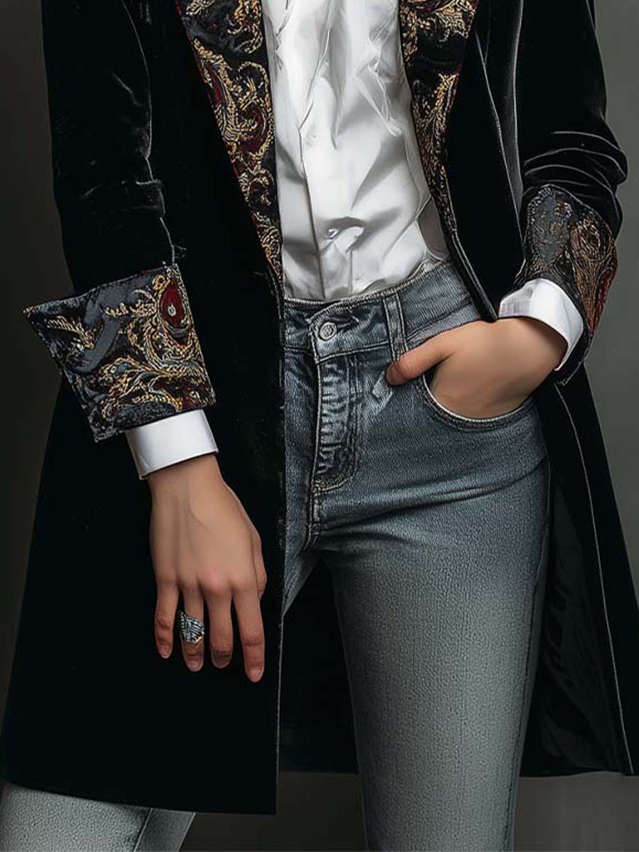 Slim Fit Black Women's Blazer with Lapels and Baroque Print