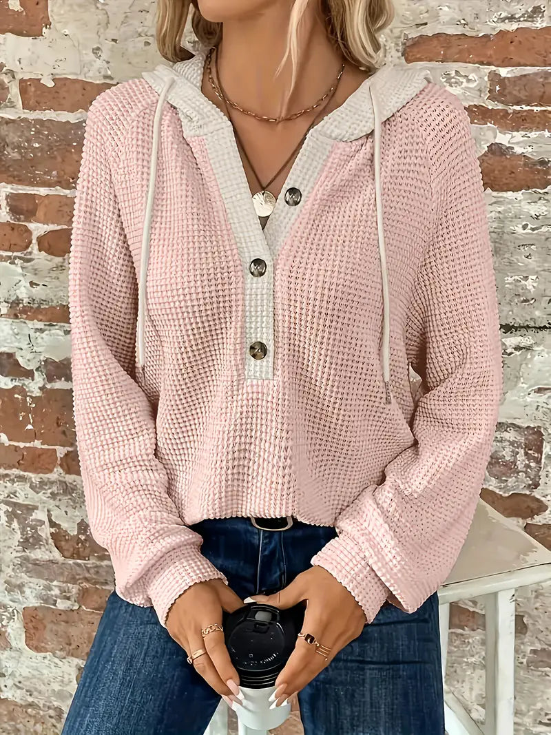 Long Sleeve Hoodie with Button Closure and Drawstring