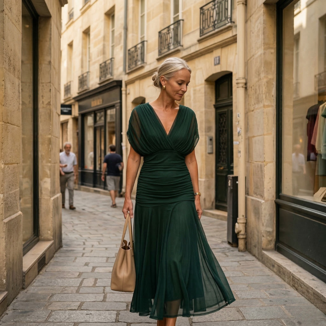 Diane | Maxi Draped Dress with V-Neck and Sheer Sleeves