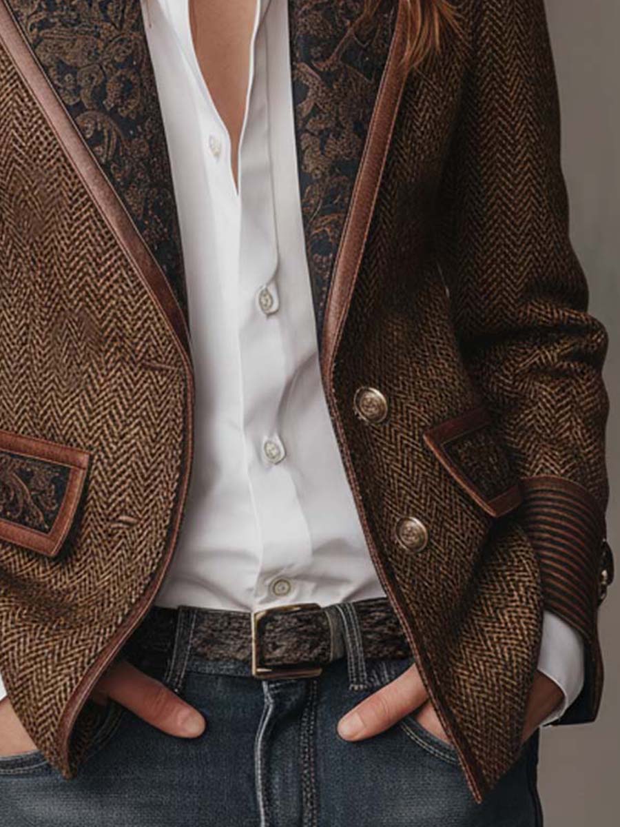 Houndstooth Women's Blazer with Printed Panels