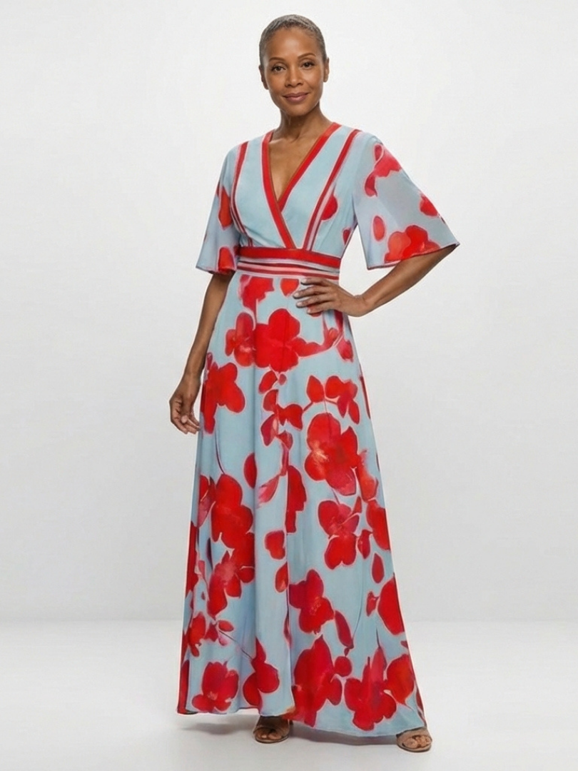 Ellis & Johnson™ | V Neck Short Sleeve Floral Maxi Dress