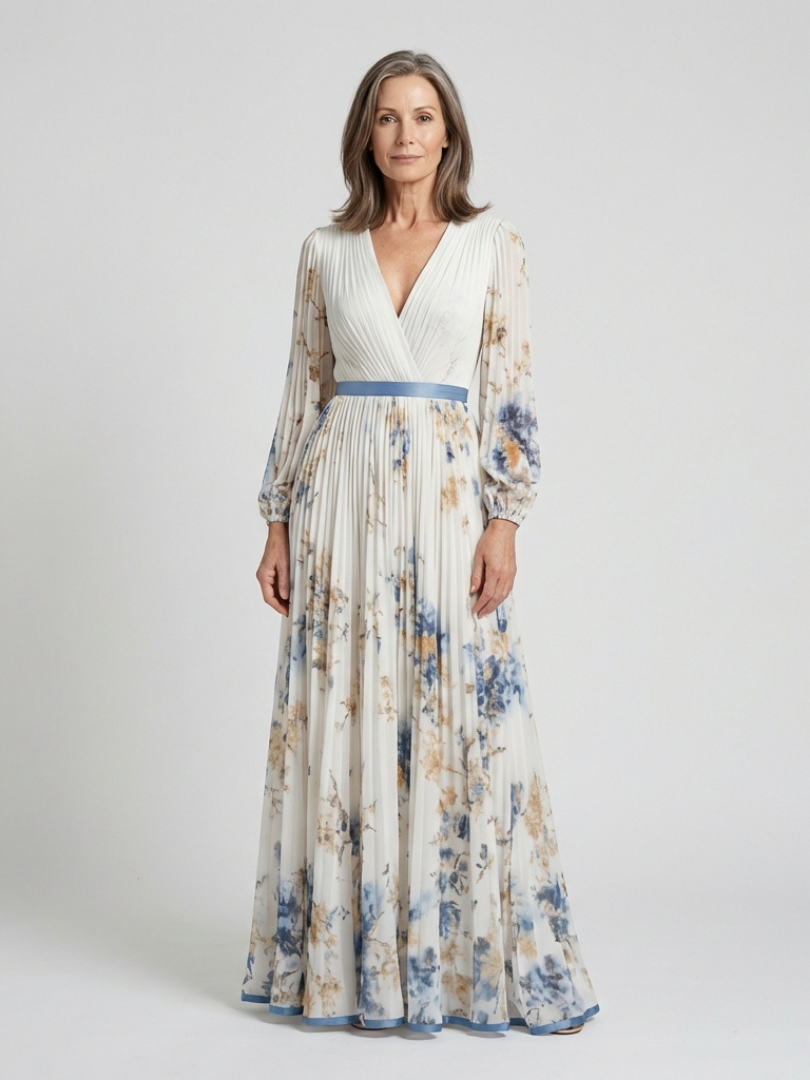 Ellis & Johnson™ | Long Sleeve V Neck Floral Maxi Dress