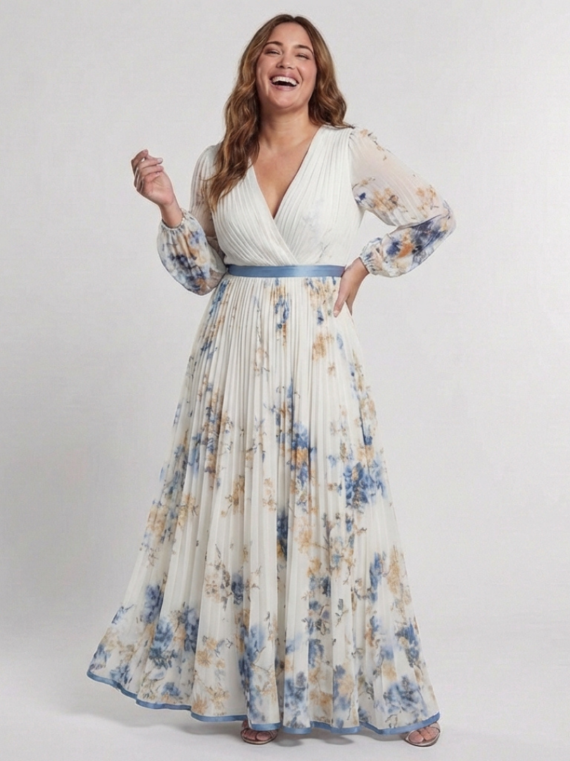 Ellis & Johnson™ | Long Sleeve V Neck Floral Maxi Dress