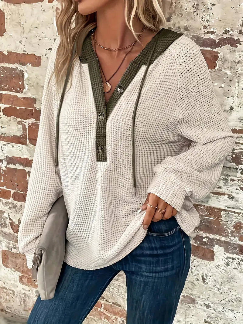 Long Sleeve Hoodie with Button Closure and Drawstring