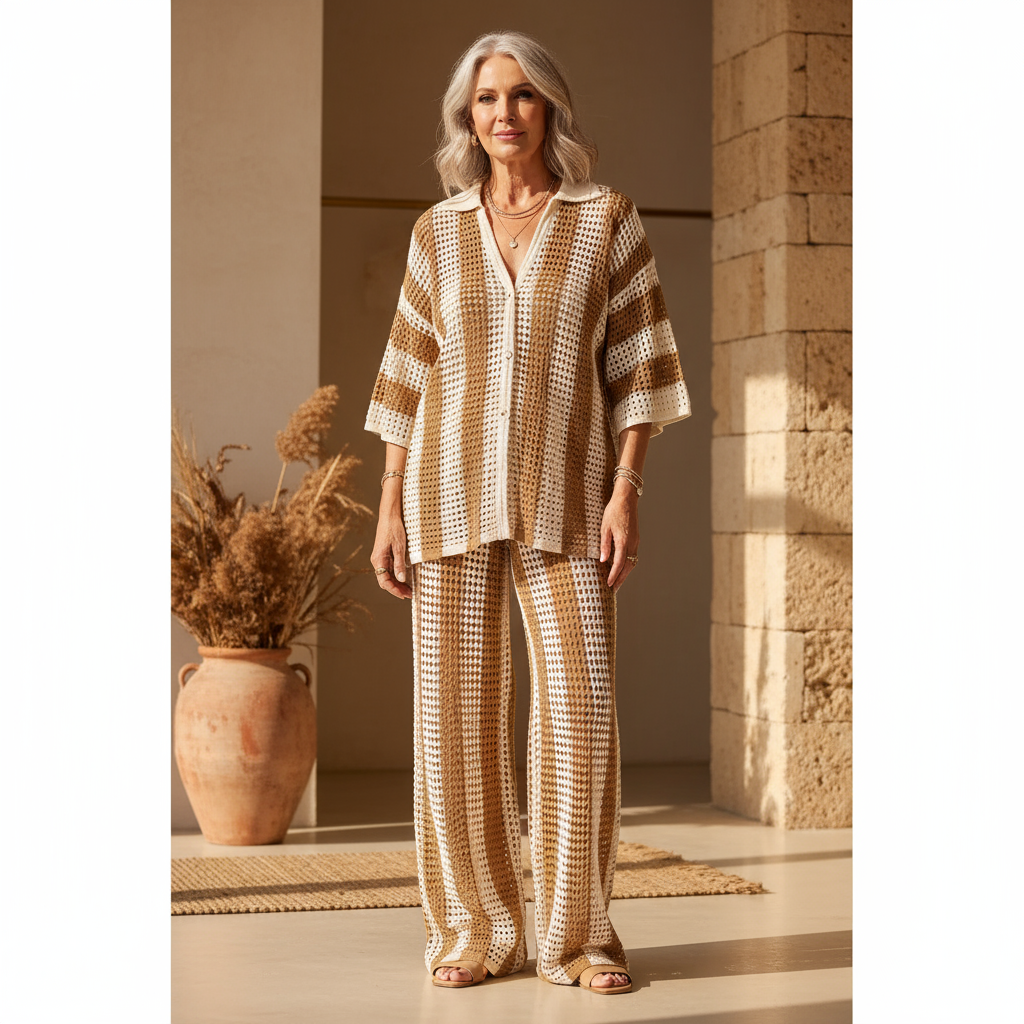 Zenaidaâ„¢ | Crochet Striped Kimono and Pants Set