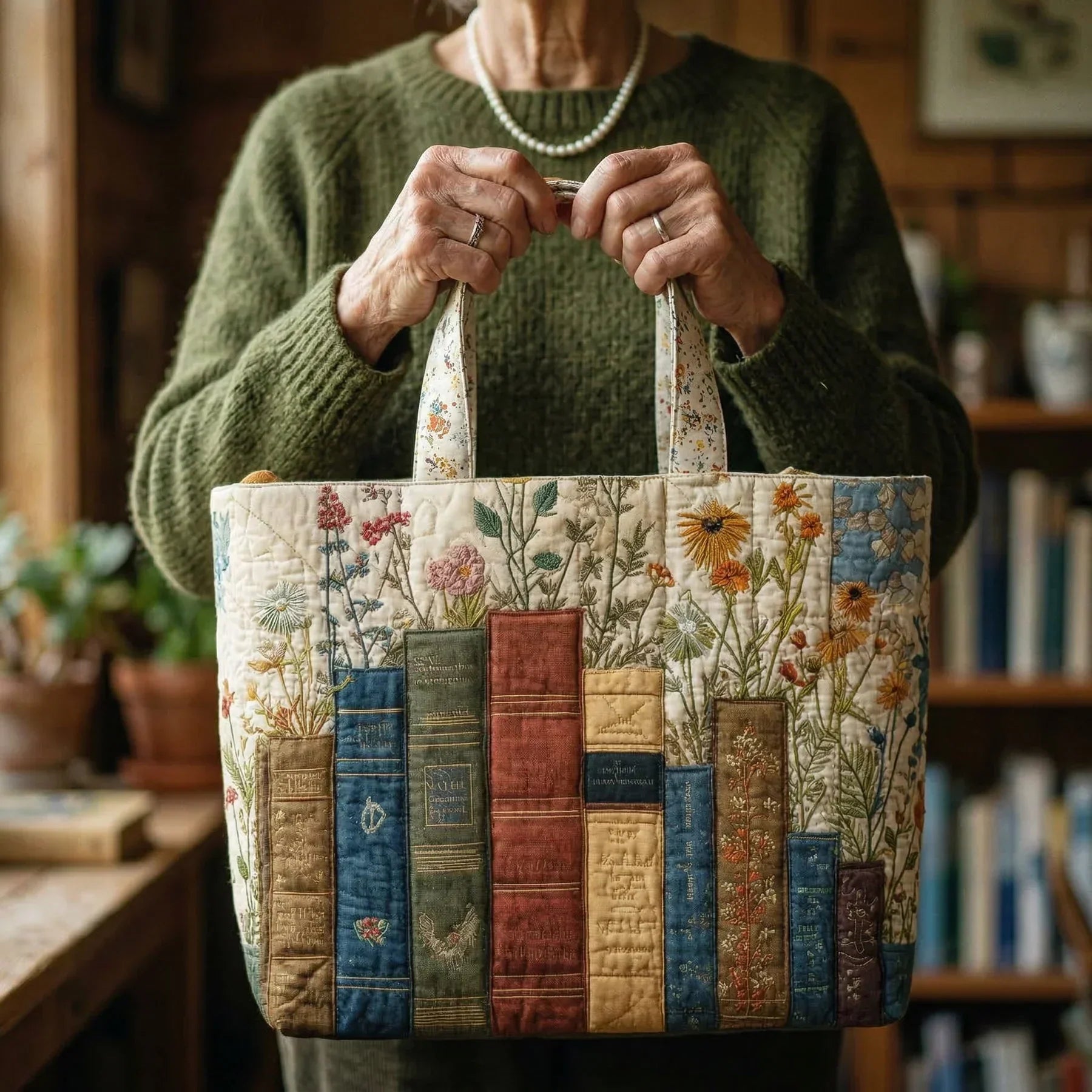 Artisanal Quilted Tote - Books and Flowers