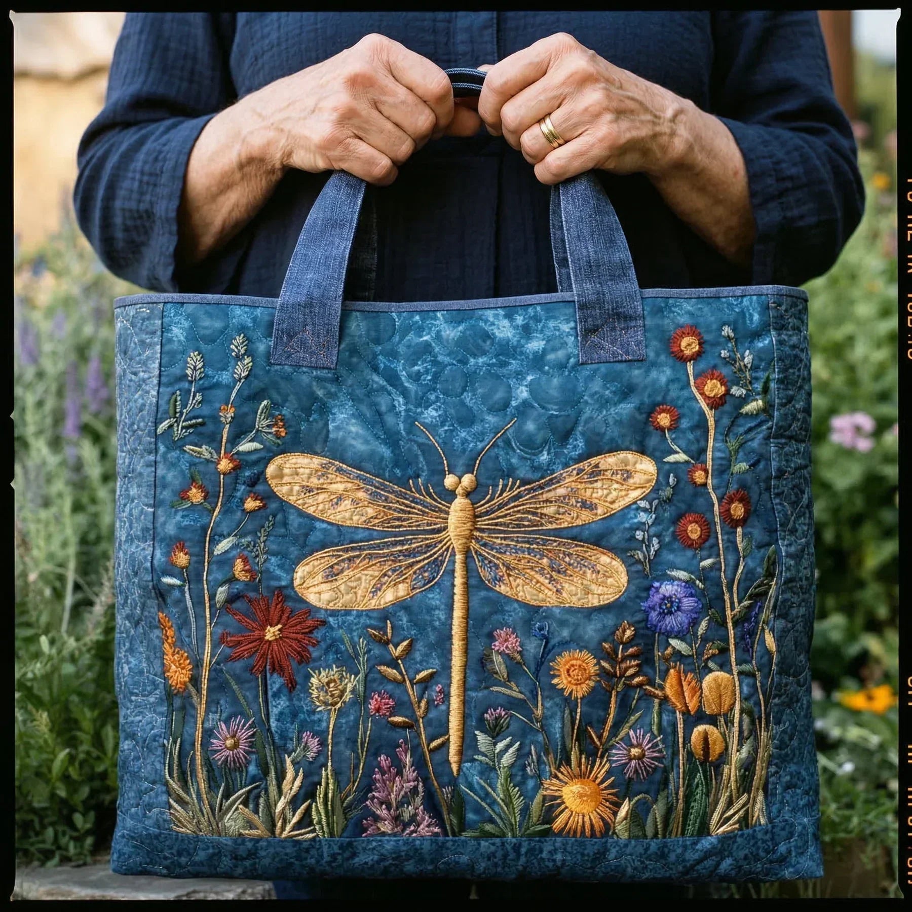 Quilted Tote Bag - Golden Dragonfly