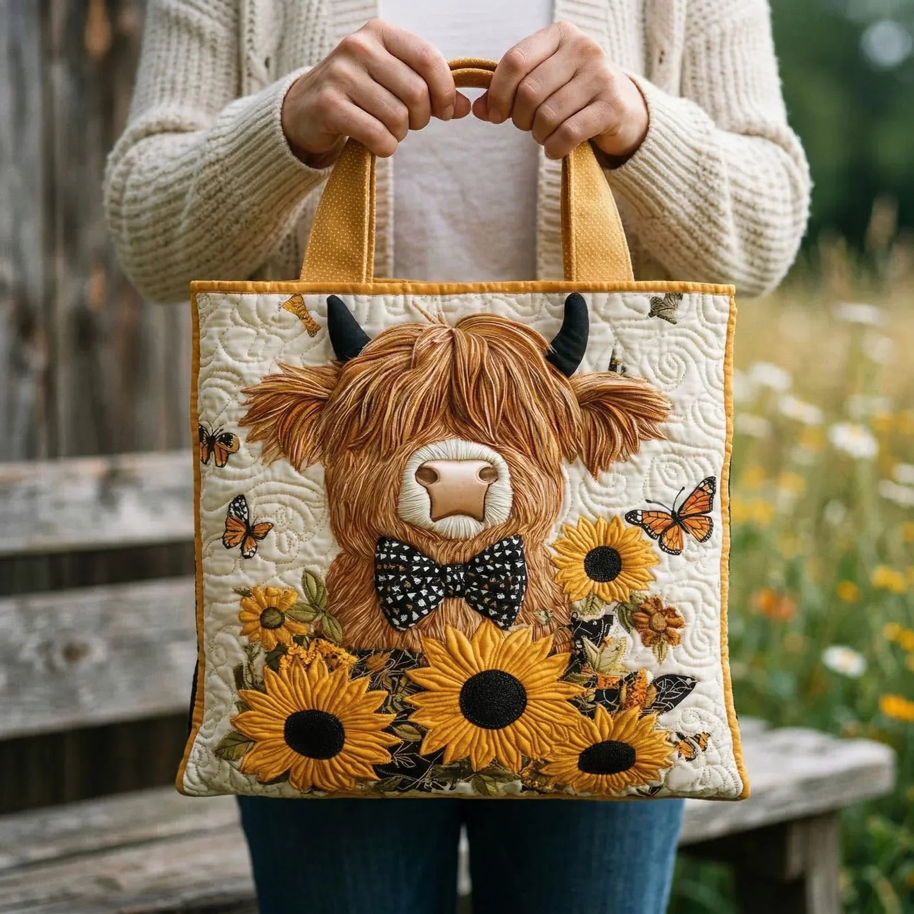 Quilted Bag - Highland Cattle and Sunflowers