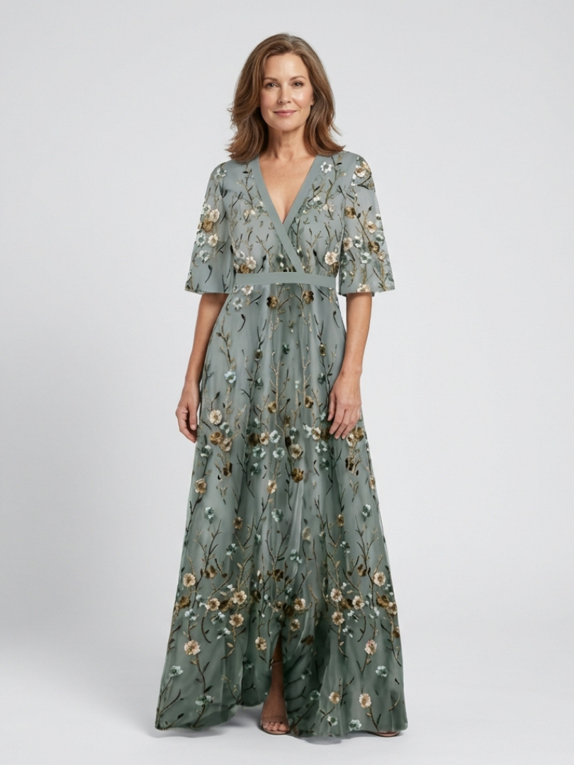 Ellis & Johnson™ | Floral V Neck Short Sleeve Maxi Dress