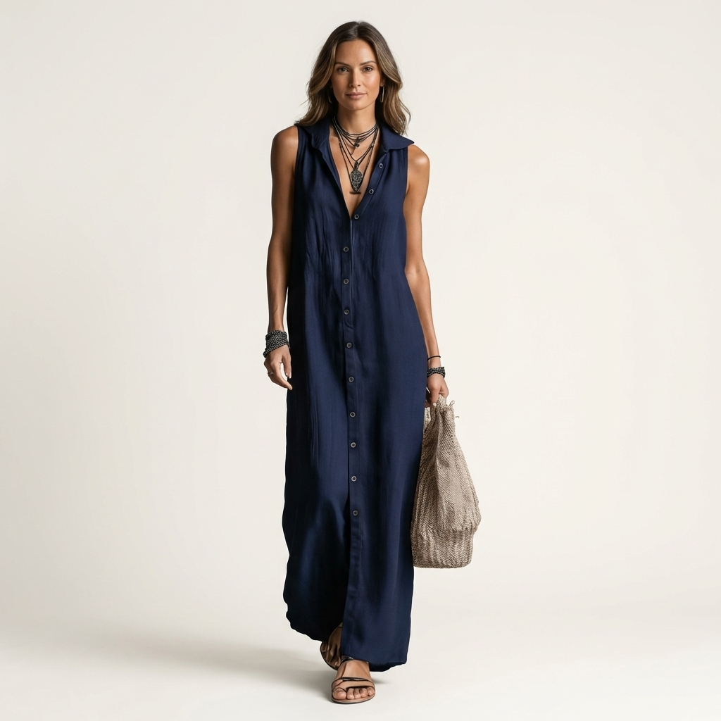 VALENTINA | HOODED BUTTON-FRONT SLEEVELESS LINEN MAXI DRESS