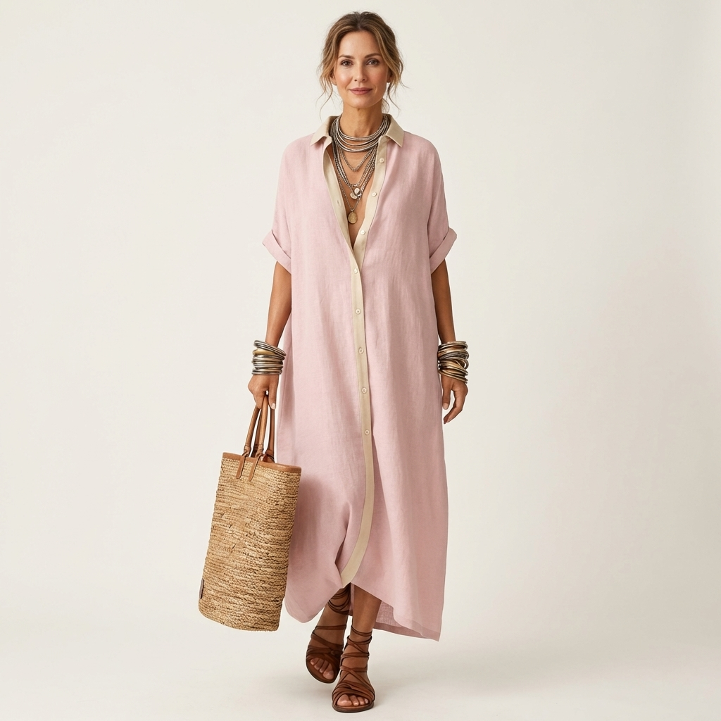 ISOLDE | CONTRAST-COLLAR BUTTON-FRONT SHORT-SLEEVE MAXI SHIRT DRESS