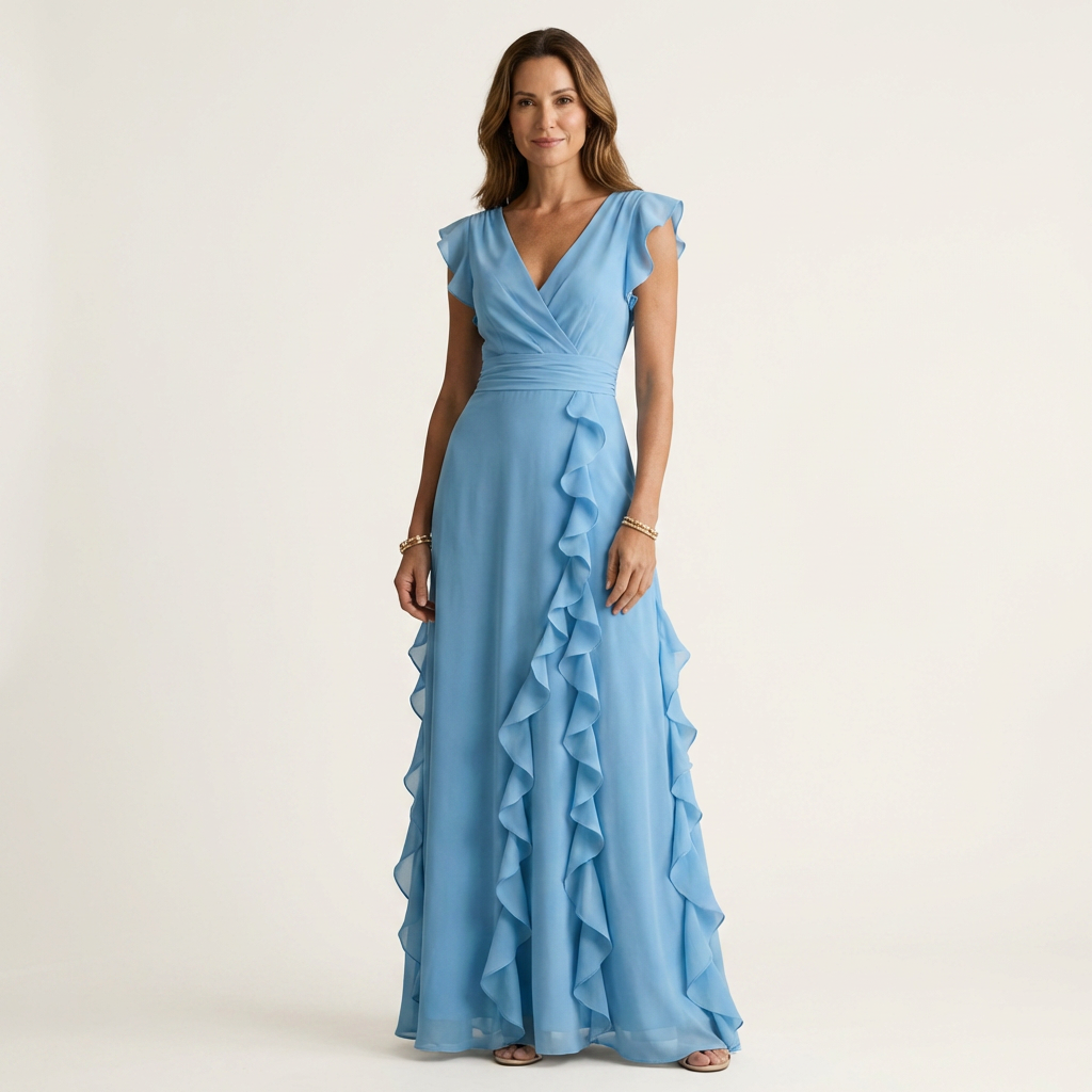 CELESTE | WRAP-STYLE V-NECK FLUTTER-SLEEVE CASCADING RUFFLE MAXI DRESS