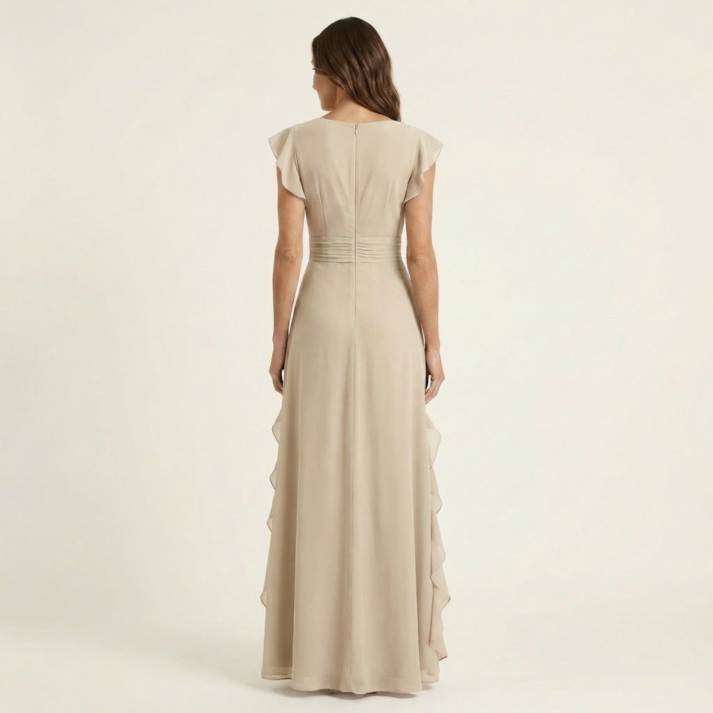 CELESTE | WRAP-STYLE V-NECK FLUTTER-SLEEVE CASCADING RUFFLE MAXI DRESS