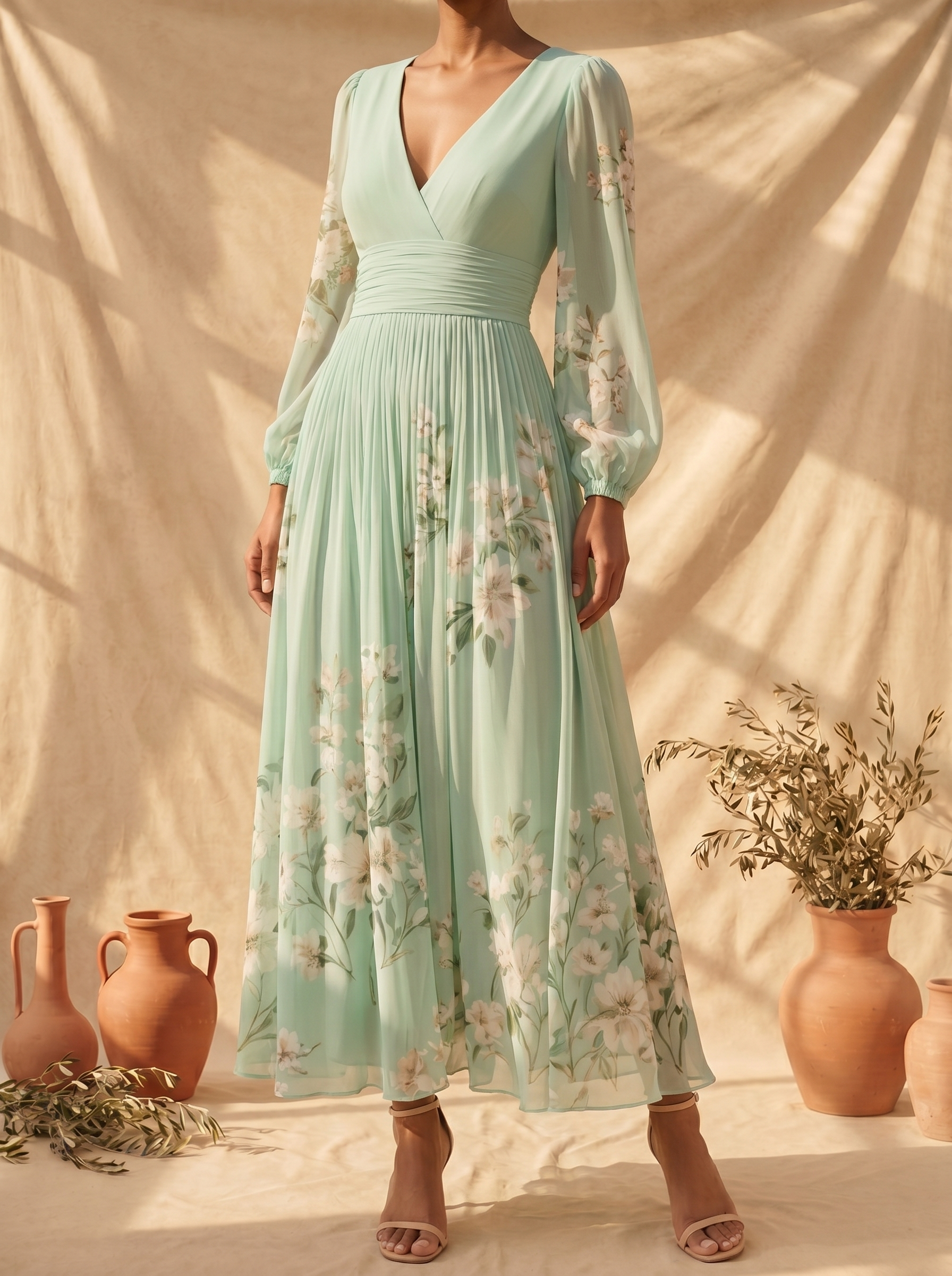 Cisella | Light Green Floral Midi Dress