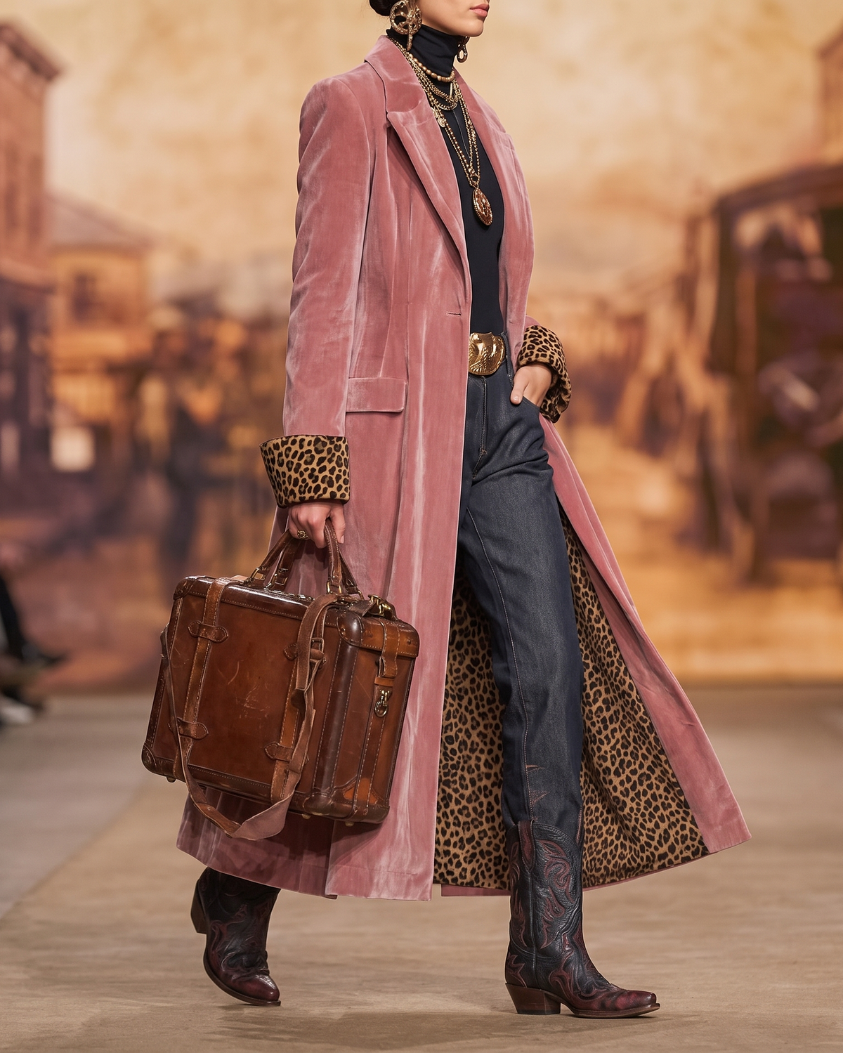 Alejandra | Long Velvet Coat with Leopard Lining