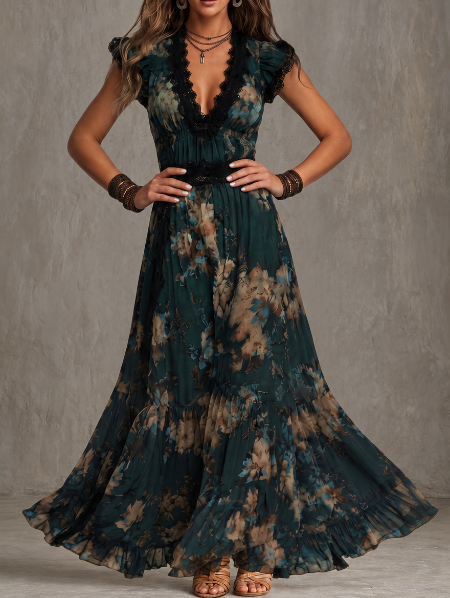 LILA | Dark Green Floral Chiffon Maxi