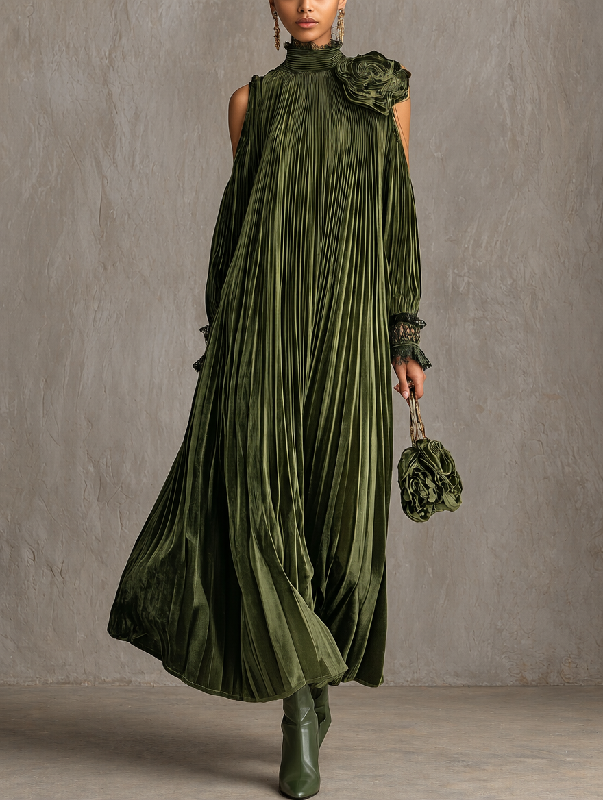 ROSA | Pleated Maxi Dress with Shoulder Flower
