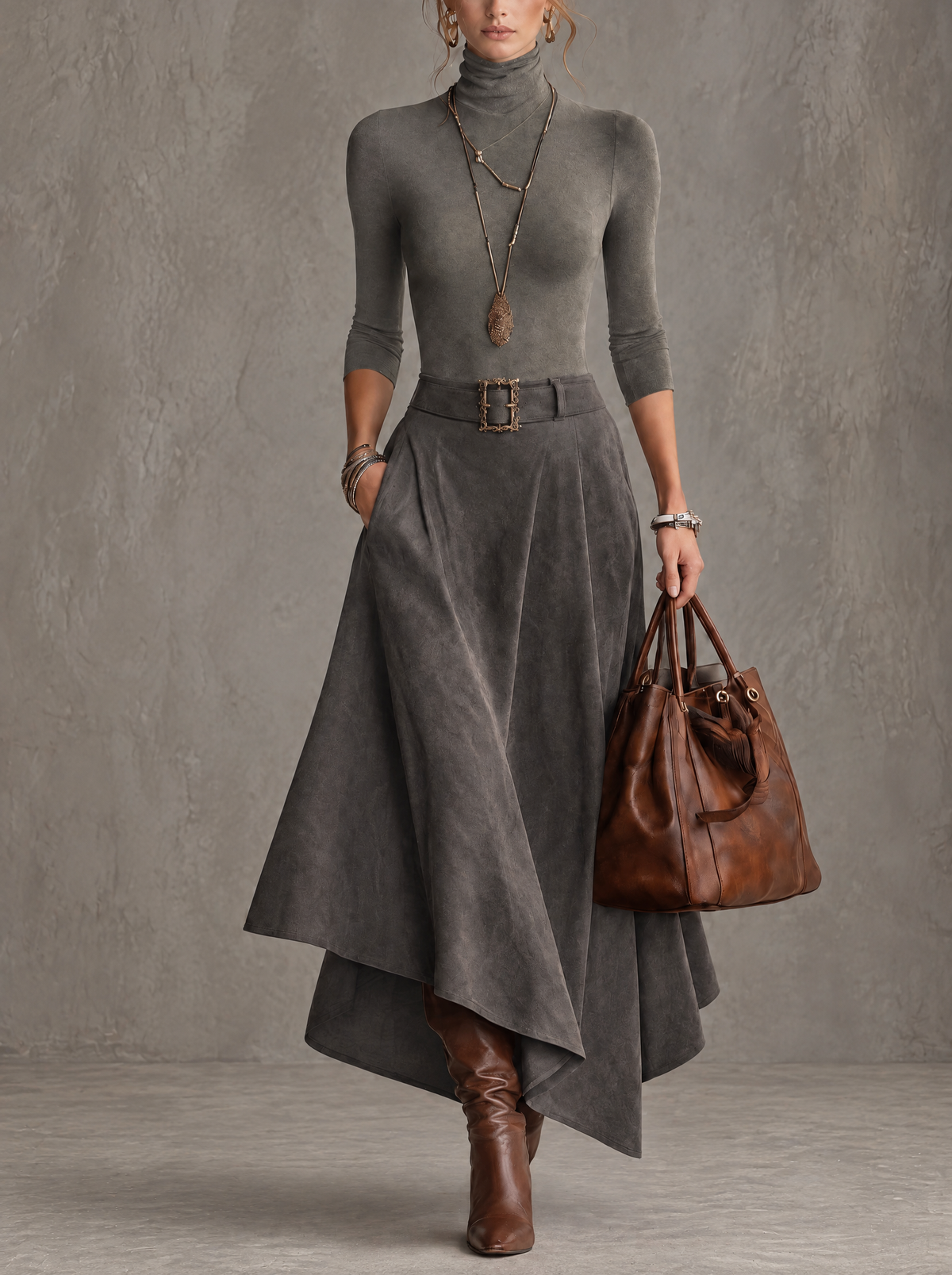 CARMEN | Gray Suede-Look Skirt Set