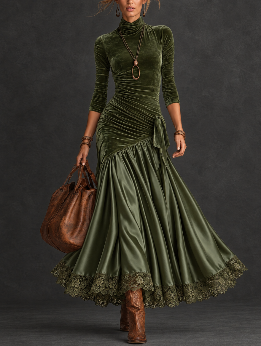 NEREA | Velvet & Satin Lace-Hem Dress