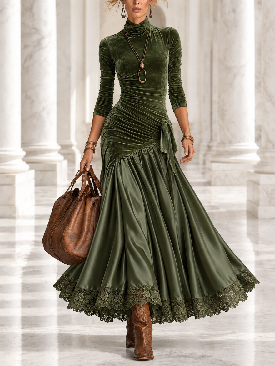 NEREA | Velvet & Satin Lace-Hem Dress