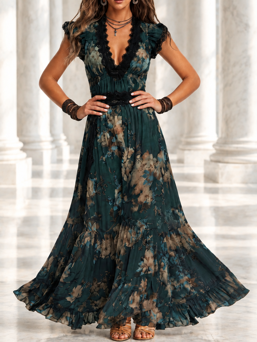 LILA | Dark Green Floral Chiffon Maxi