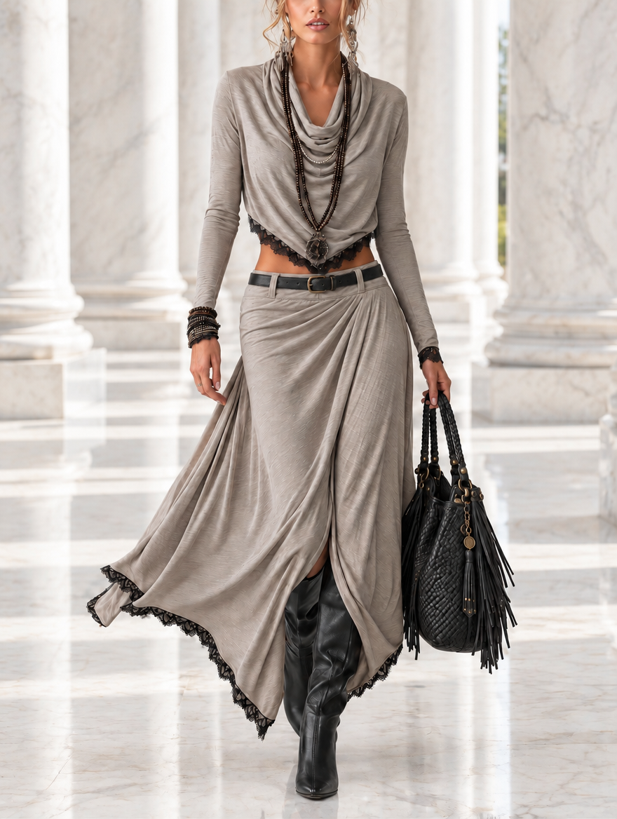NOA | Gray Draped Top and Skirt Set