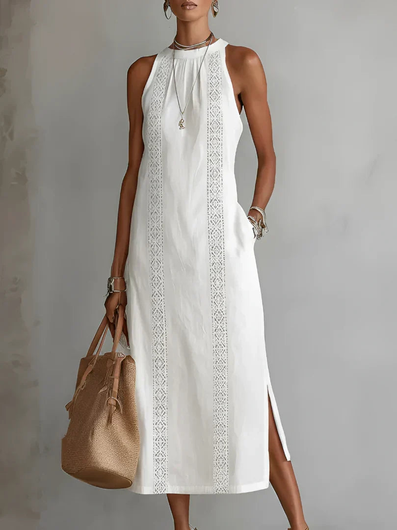 Valeria Elegant Midi Dress with Mao Collar
