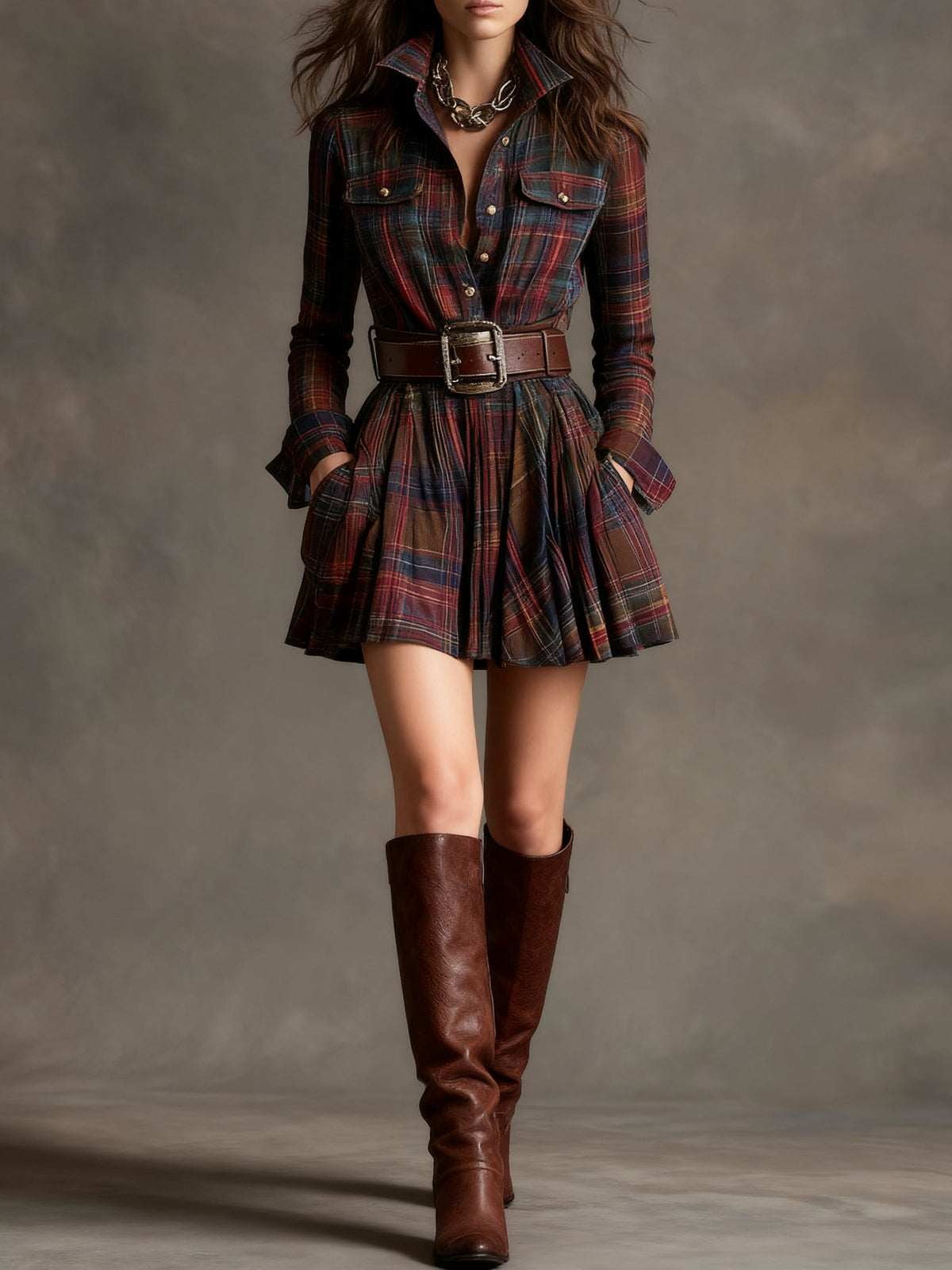 Cinnamon | Mini Vintage Dress in Red and Brown Checkered (with belt)