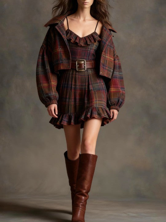 Marielle | Vintage Checkered and Striped Mini Dress with Loose Jacket (with belt)
