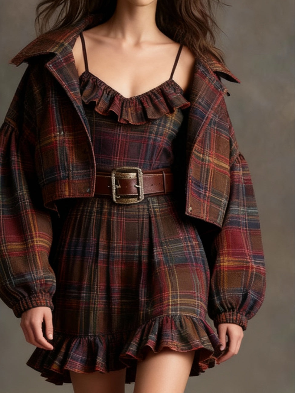 Marielle | Vintage Checkered and Striped Mini Dress with Loose Jacket (with belt)