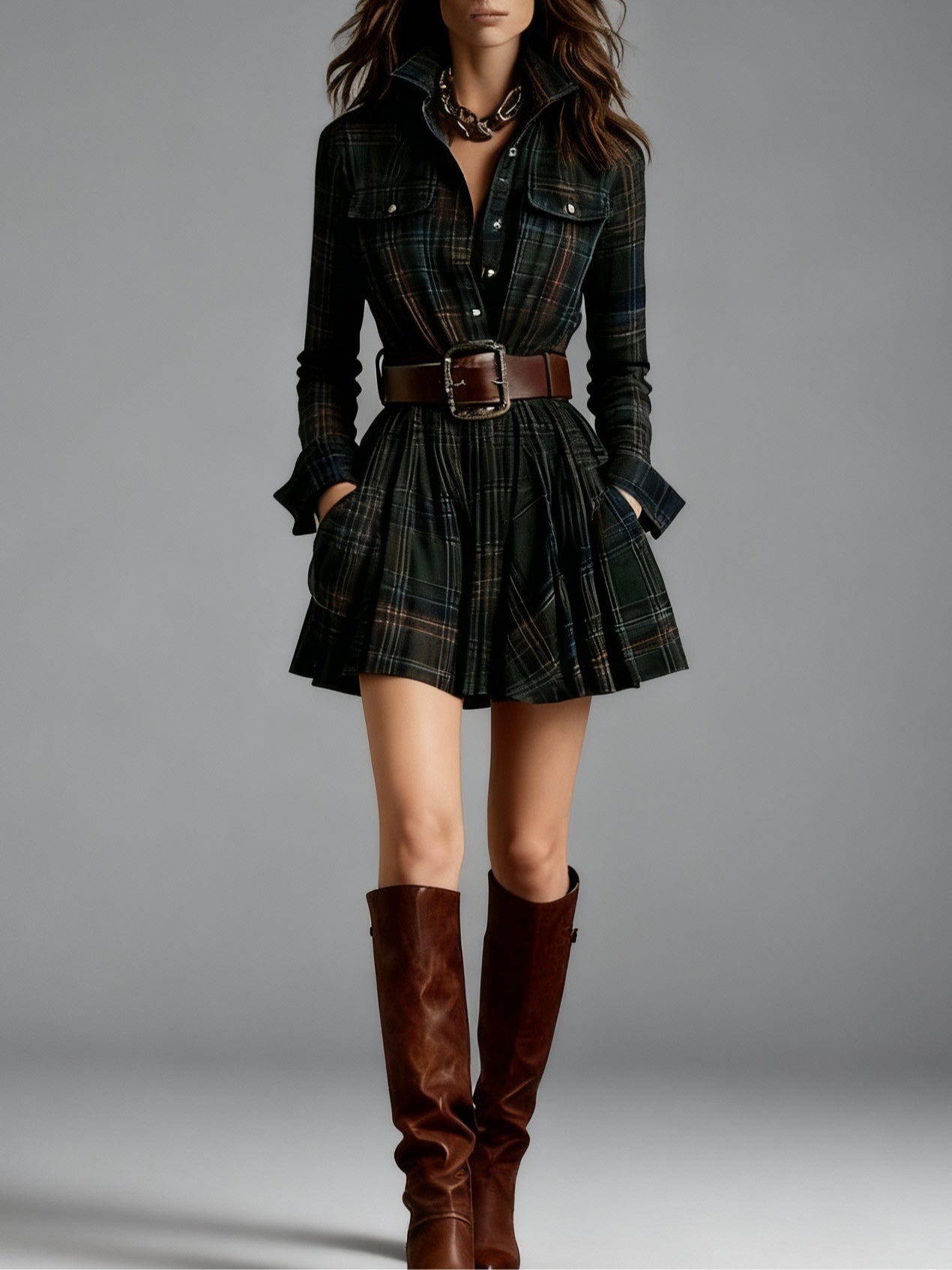 Cinnamon | Mini Vintage Dress in Red and Brown Checkered (with belt)