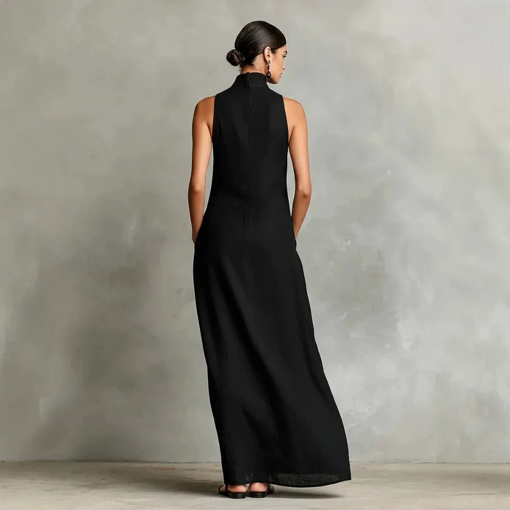 Marina Loose Long Dress without Sleeves with High Neck