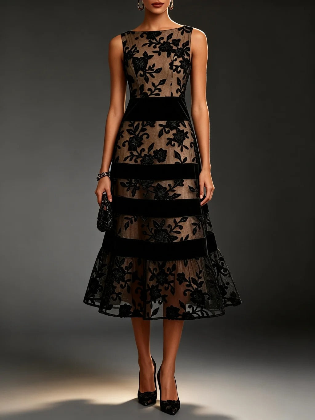 Naomi | Floral Embroidered Tulle Midi Dress