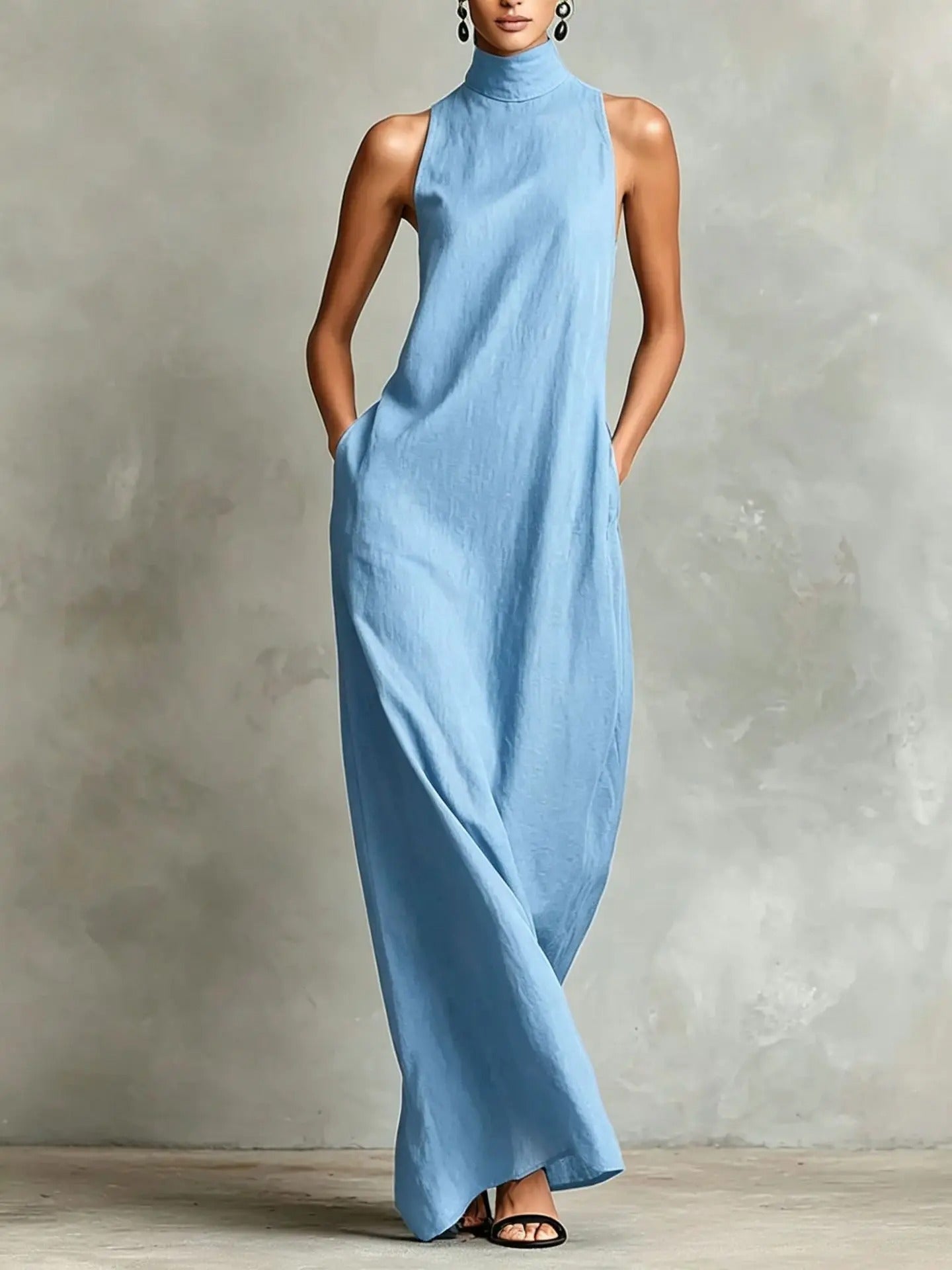 Marina Loose Long Dress without Sleeves with High Neck