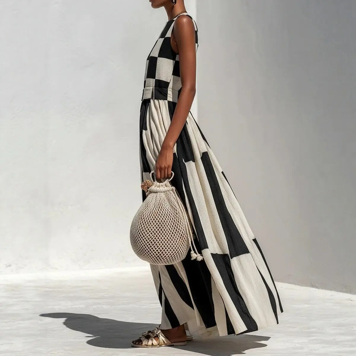 Noa Geometric Maxi Dress in Black and White