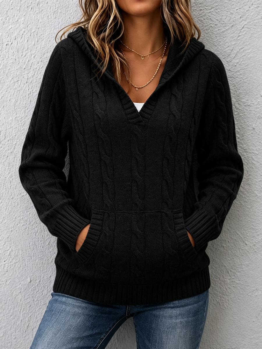 Corabelle | Cable-Knit V-neck Sweater With Hood