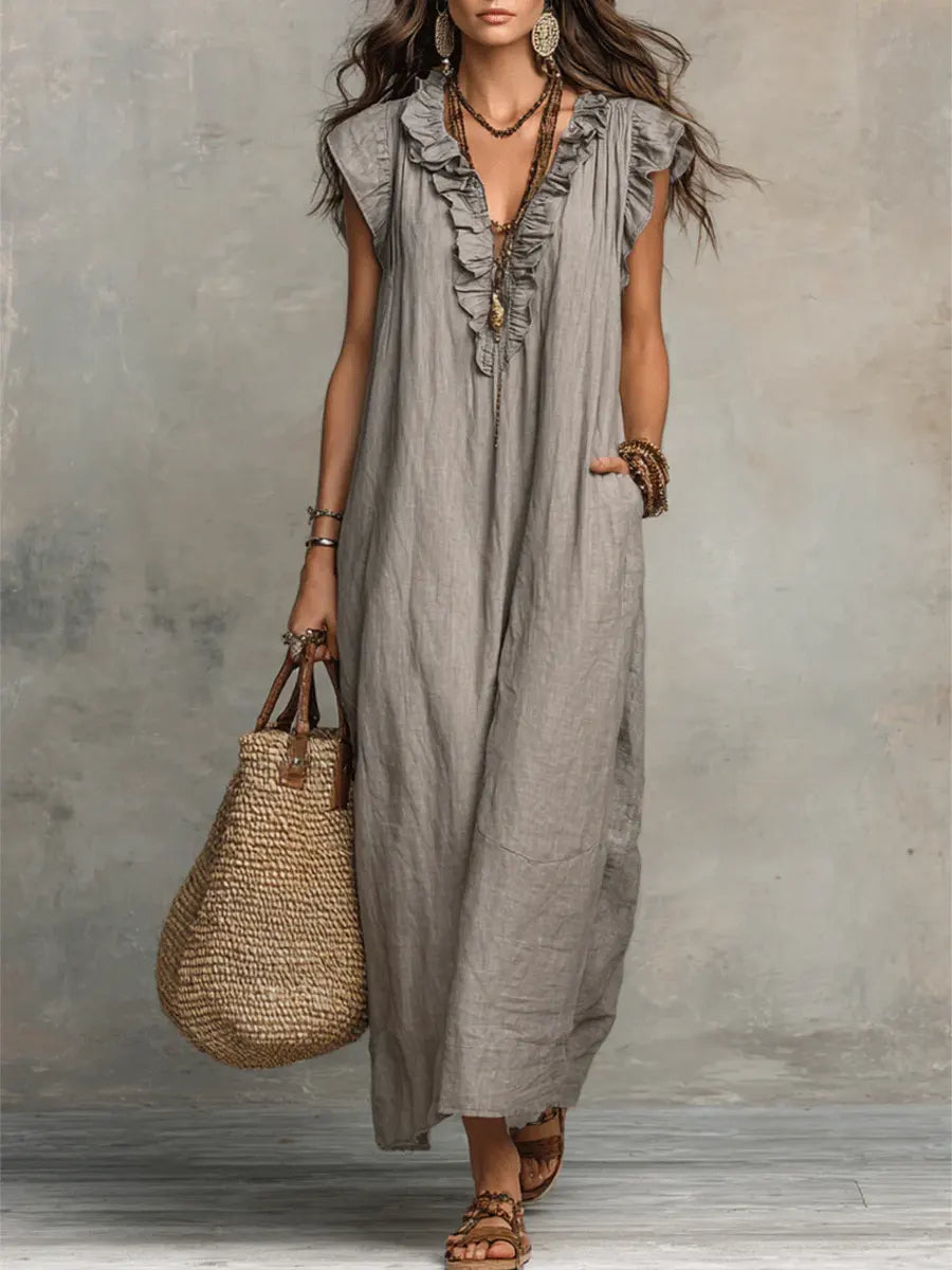 Camelia Bohemian Maxi Dress with V-Neck