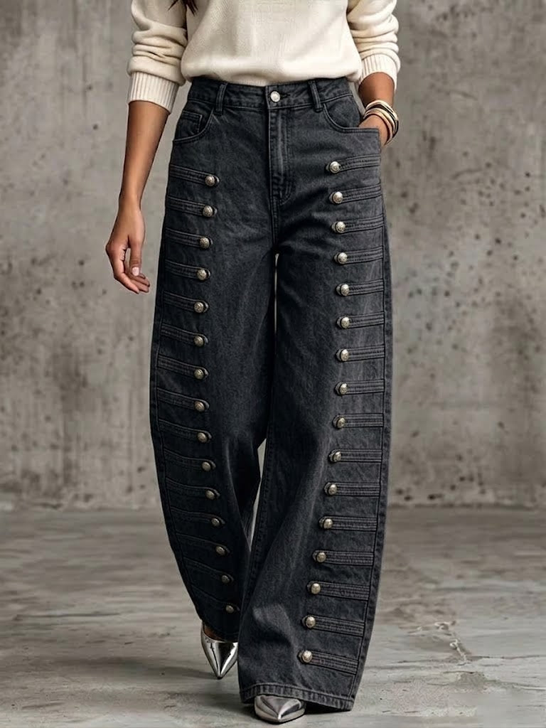 Hazel™ | Casual Military-style Jeans With Metal Buttons