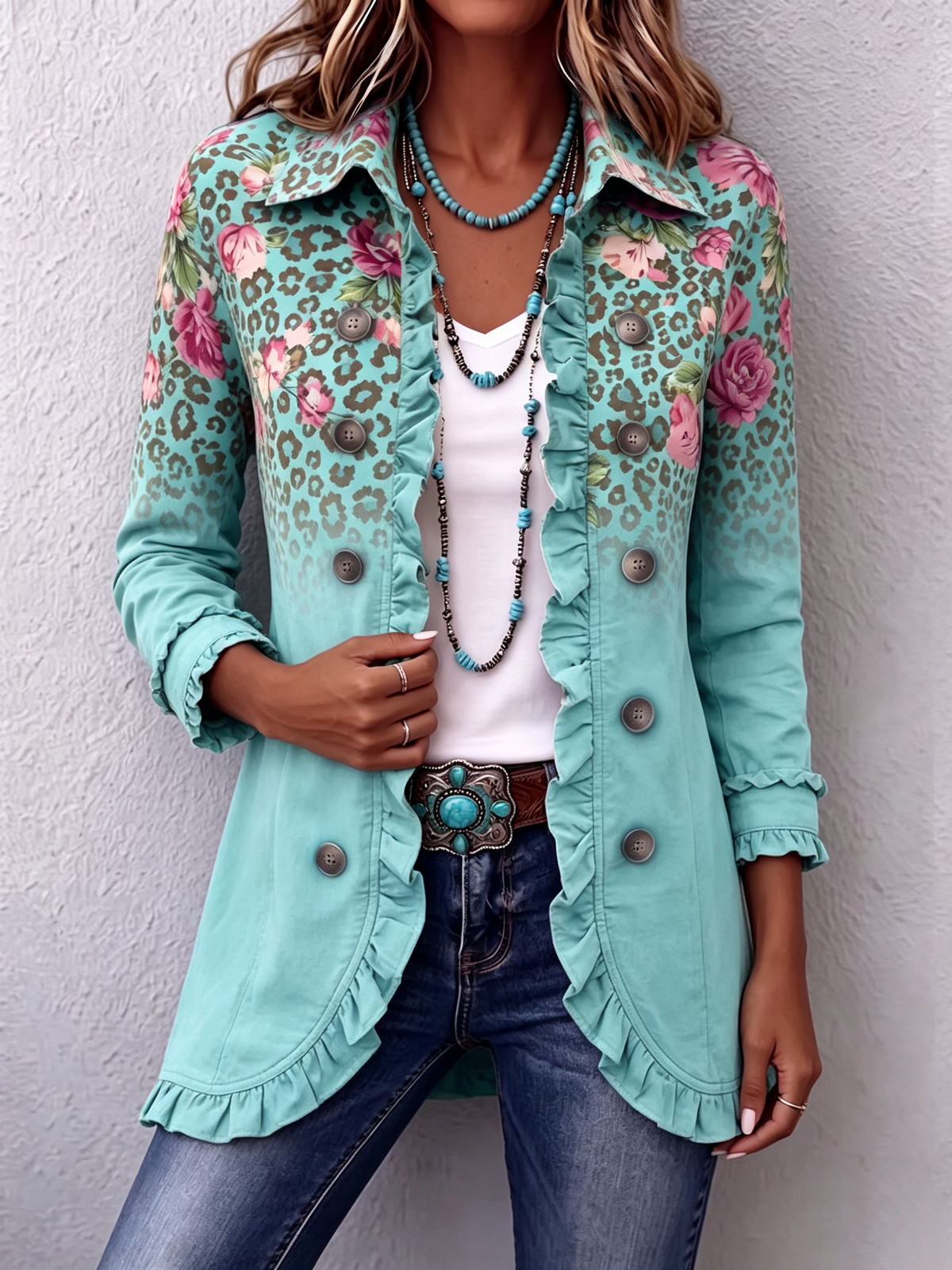 Audreyâ„¢ | Boho Retro Floral Leopard Ruffle Jacket