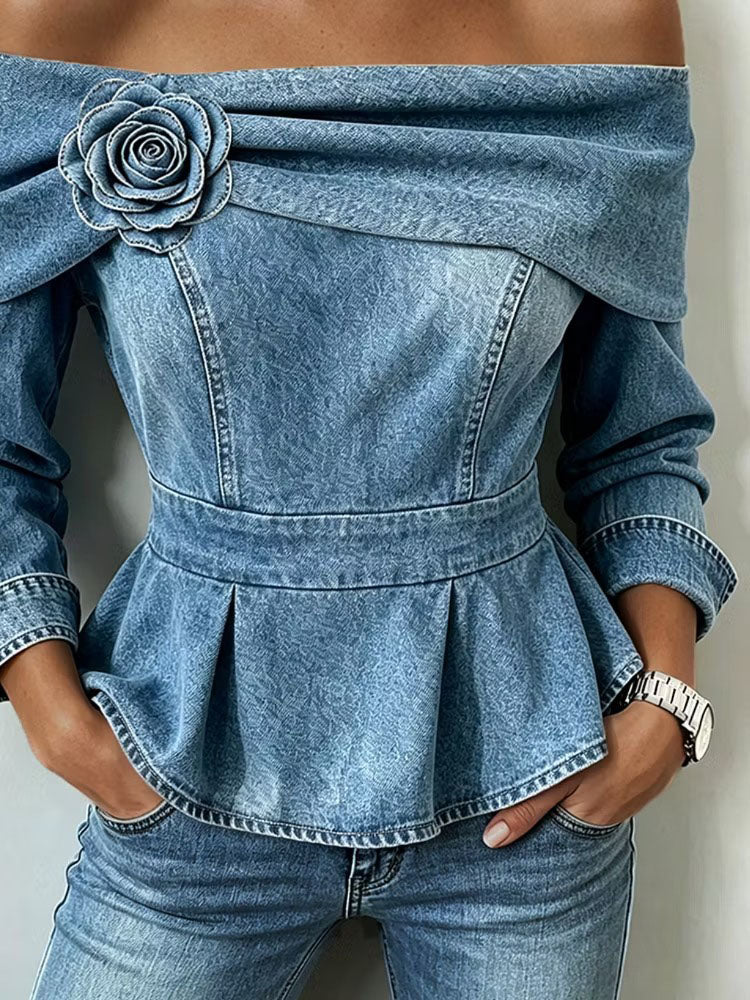 Sophiaâ„¢ | Chic Off-shoulder Denim Peplum Top
