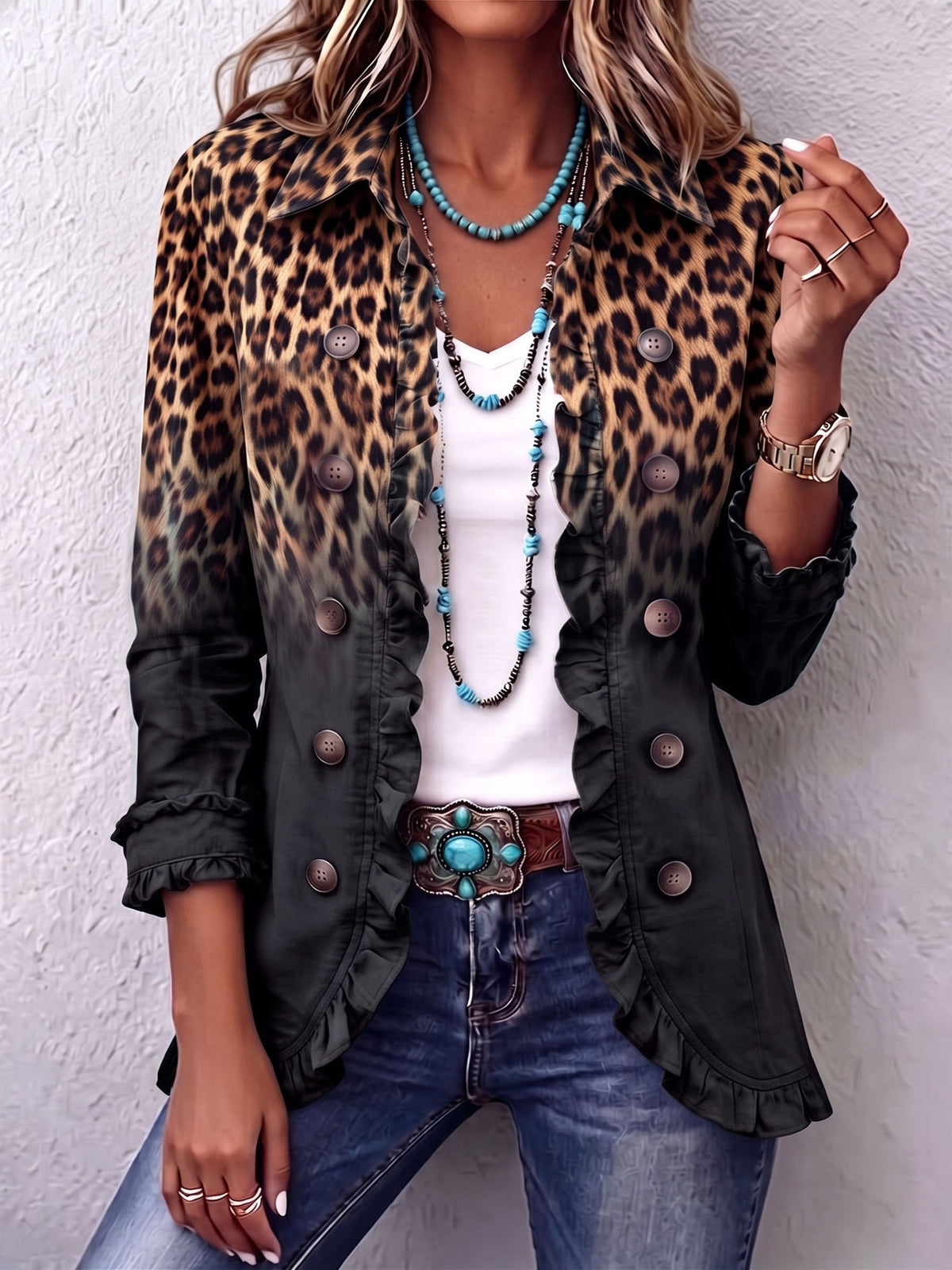 Águeda | Black leopard print blazer jacket with ruffles