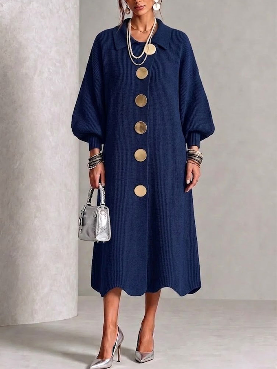 Noraâ„¢ | Long-sleeve Knit Dress With A Large Metal Buckle, Lapel Collar, And Lantern Sleeves