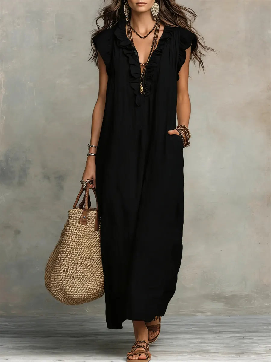 Marisol | Bohemian Long Dress, Ruffled V-Neck