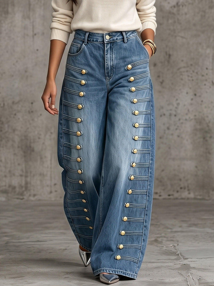 Hazelâ„¢ | Casual Military-style Jeans With Metal Buttons
