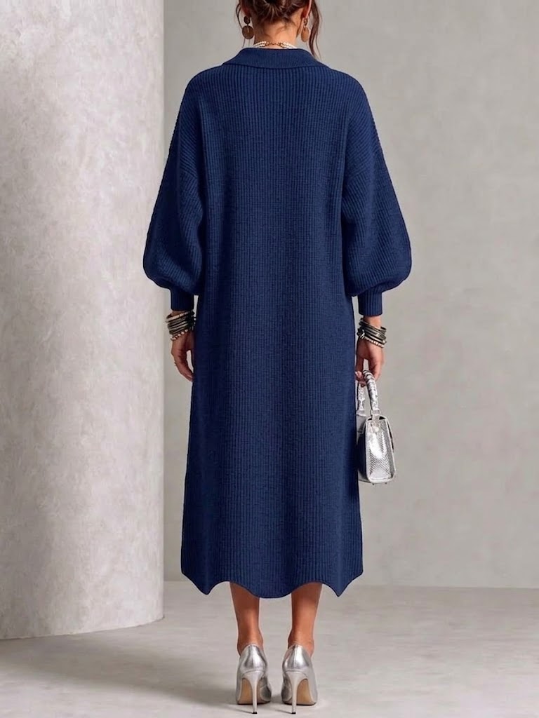 Noraâ„¢ | Long-sleeve Knit Dress With A Large Metal Buckle, Lapel Collar, And Lantern Sleeves