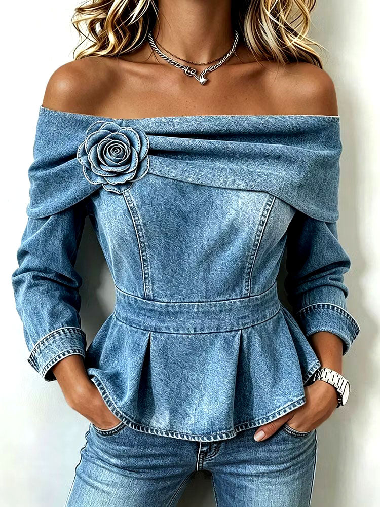 Sophiaâ„¢ | Chic Off-shoulder Denim Peplum Top