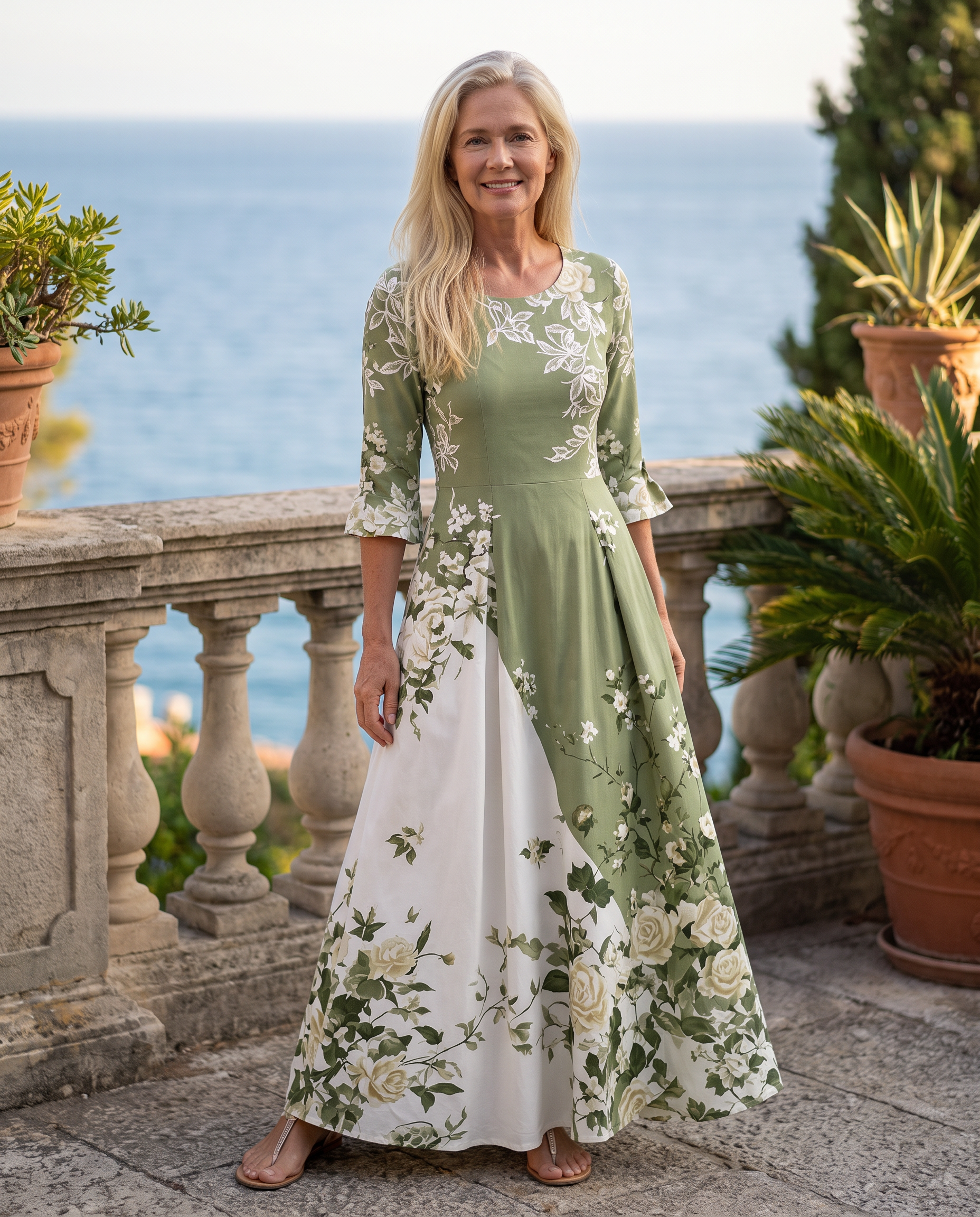 Sage Garden Rose Pocket Maxi Dress